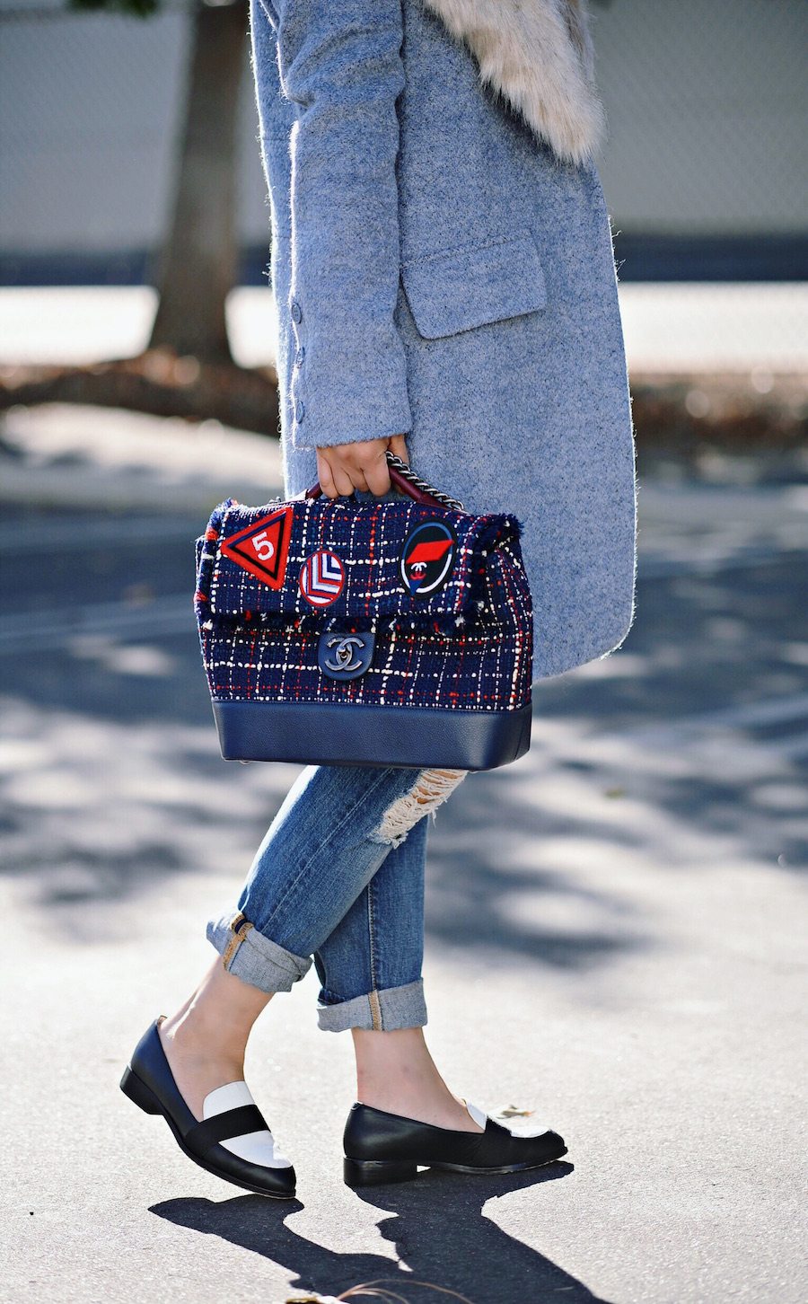 Fall Style, Fur Collar Coat, Distressed Jean, Striped Knit, Two-Tone Loafers, Chanel Tweed Bag, via: HallieDaily