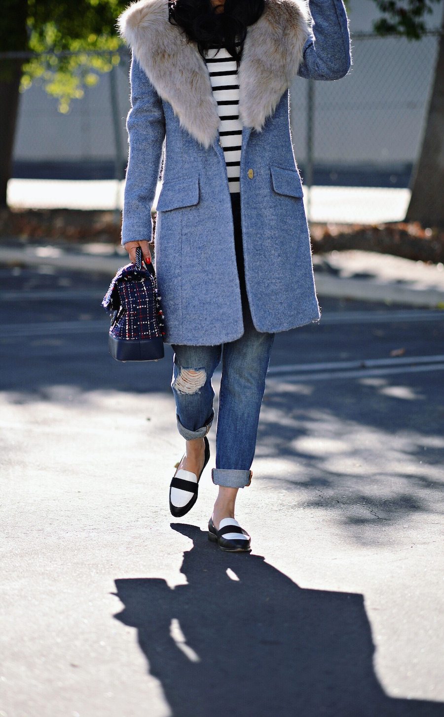 Fall Style, Fur Collar Coat, Distressed Jean, Striped Knit, Two-Tone Loafers, Chanel Tweed Bag, via: HallieDaily