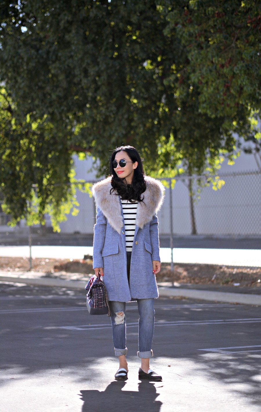 Fall Style, Fur Collar Coat, Distressed Jean, Striped Knit, Two-Tone Loafers, Chanel Tweed Bag, via: HallieDaily