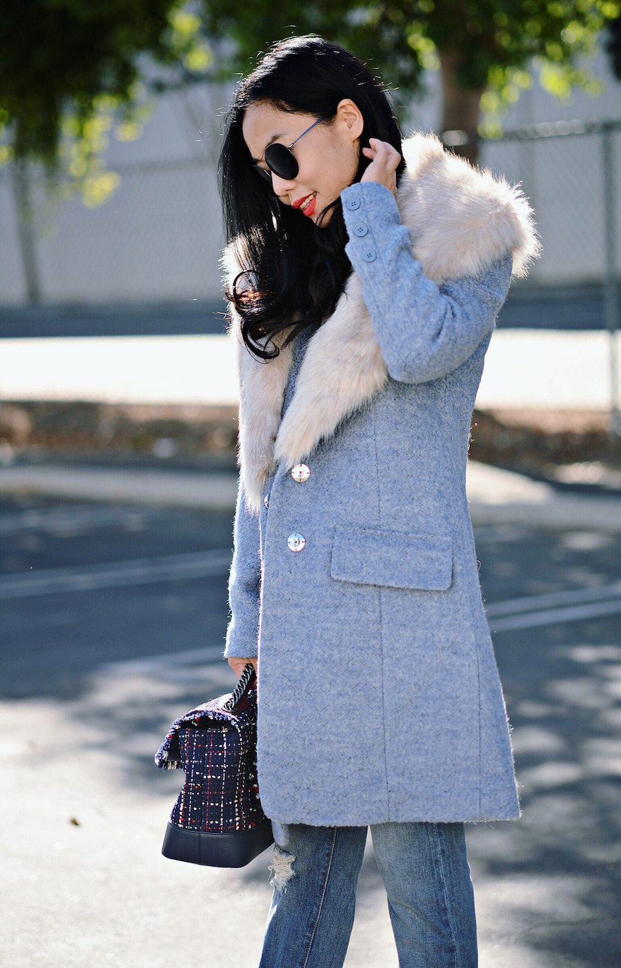 Fall Style, Fur Collar Coat, Distressed Jean, Striped Knit, Two-Tone Loafers, Chanel Tweed Bag, via: HallieDaily