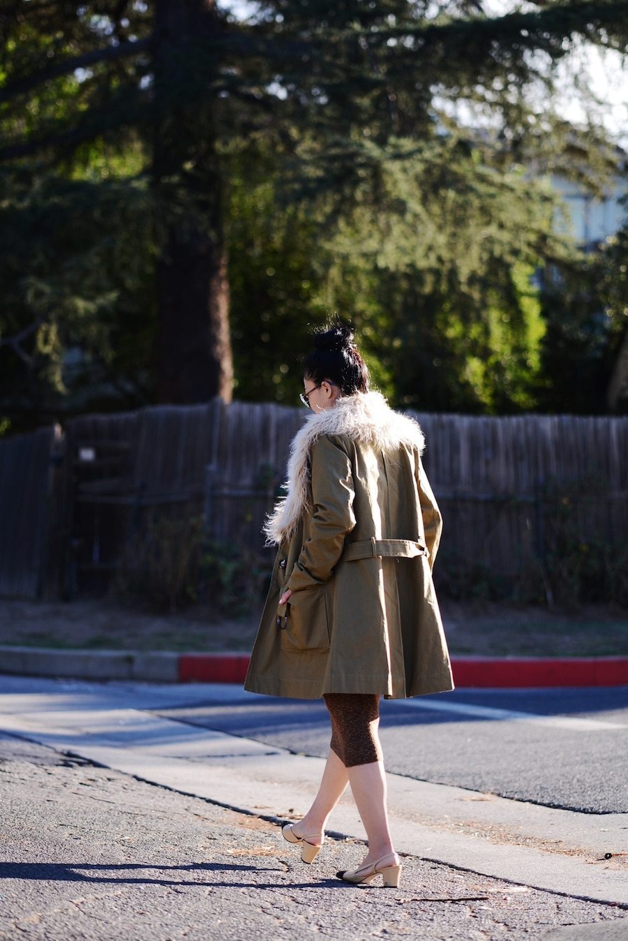 Fall Style: Fur Collar Coat, Knit Set, Chanel Two-Tone Slingbacks, via: HallieDaily