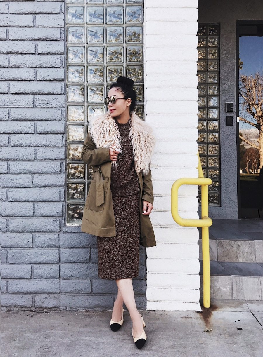 Fall Style: Fur Collar Coat, Knit Set, Chanel Two-Tone Slingbacks, via: HallieDaily