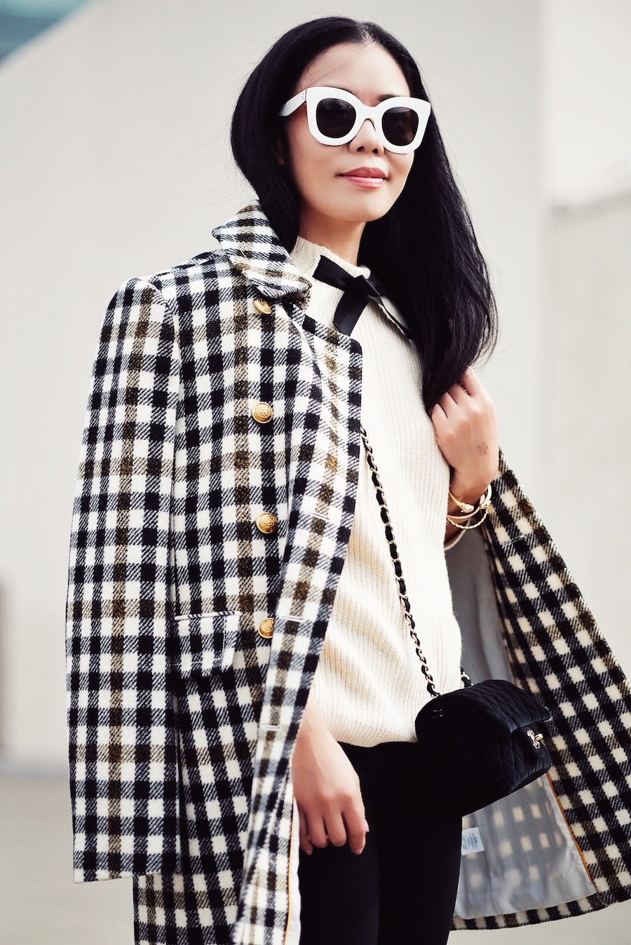 Fall Style: Check Coat, Bow Sweater, Straight Leg Pants, Sneakers, Chanel Bag, via: HallieDaily