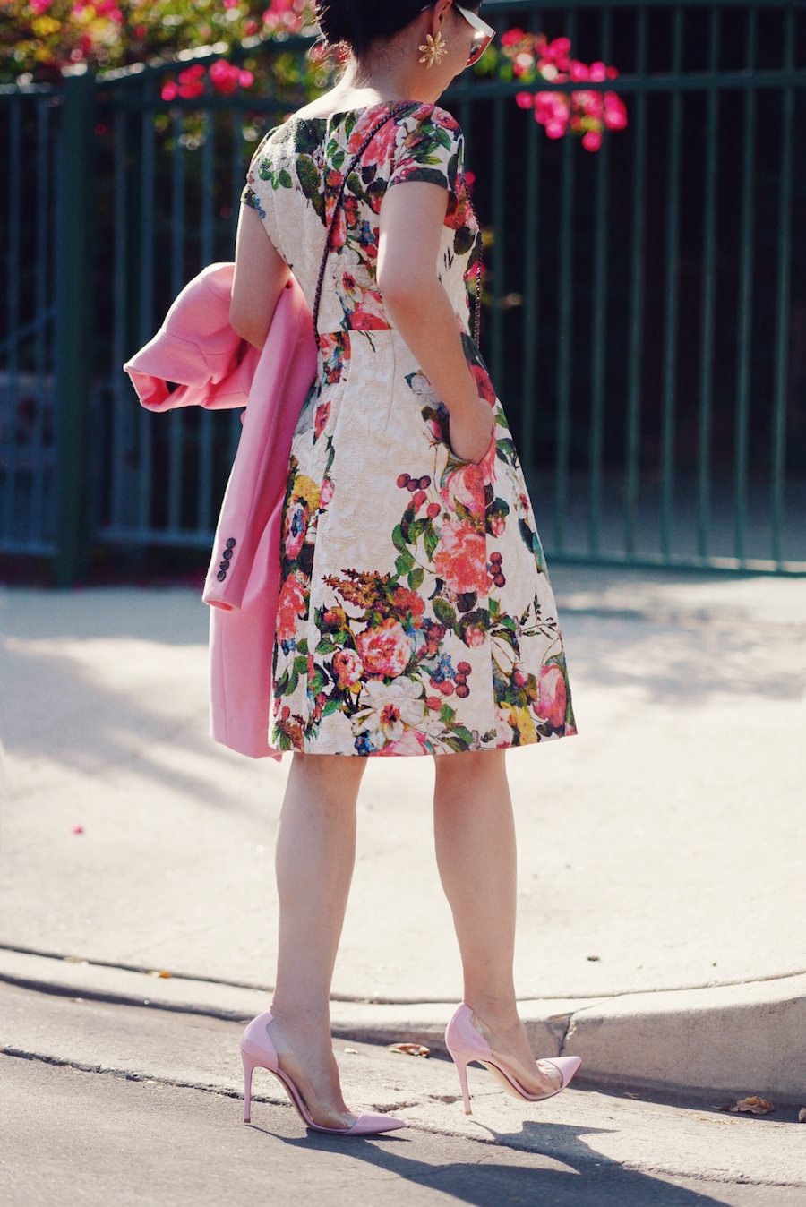 Floral Dress, Pink Coat, Ladylike Style, via: HallieDaily