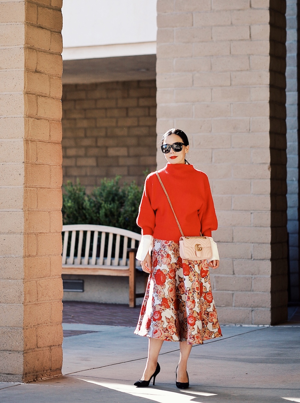 Holiday Dressing, Red Balloon Sleeve Sweater, Red Rose Midi Skirt, Louis Vuitton Pumps, Gucci Mini Blush Pink Bag, via: HallieDaily