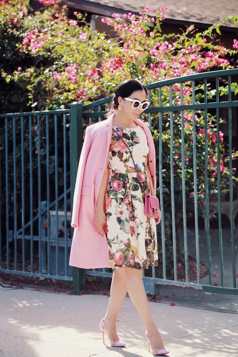 Floral Dress, Pink Coat, Ladylike Style, via: HallieDaily