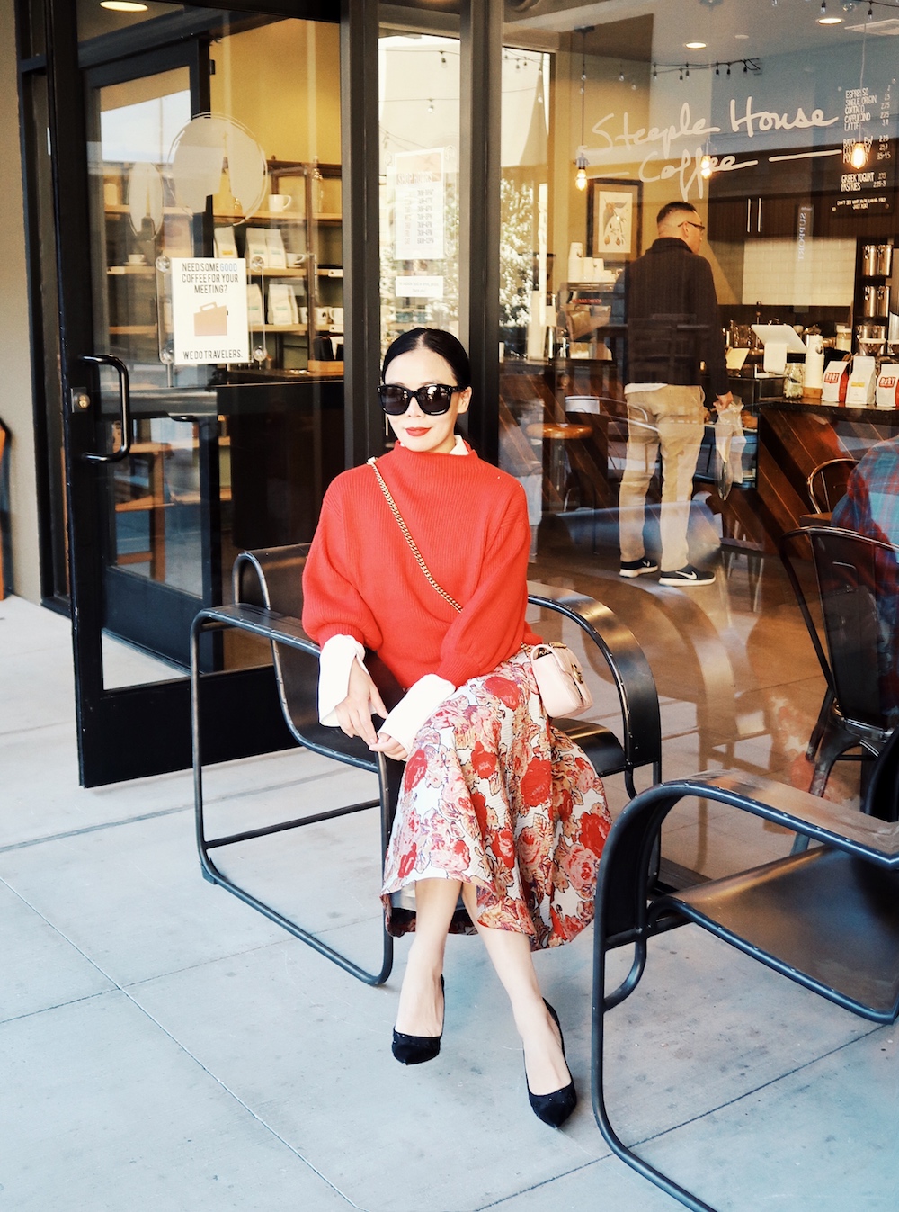 Holiday Dressing, Red Balloon Sleeve Sweater, Red Rose Midi Skirt, Louis Vuitton Pumps, Gucci Mini Blush Pink Bag, via: HallieDaily