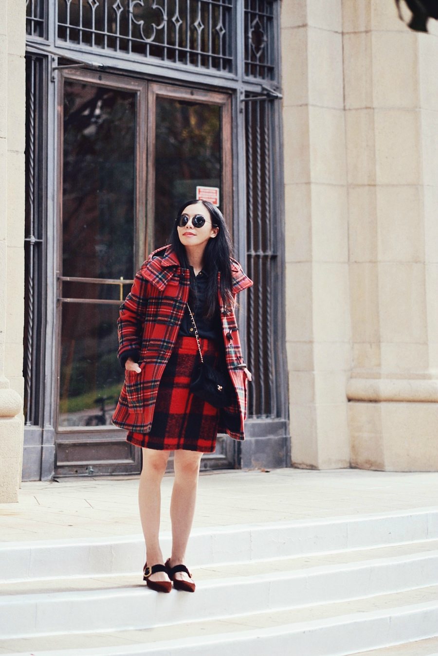 Winter Style, Holiday Dressing, Red Check Coat, Red Plaid Skirt, Chanel Velvet Bag, Prada Velvet Flats, via: HallieDaily