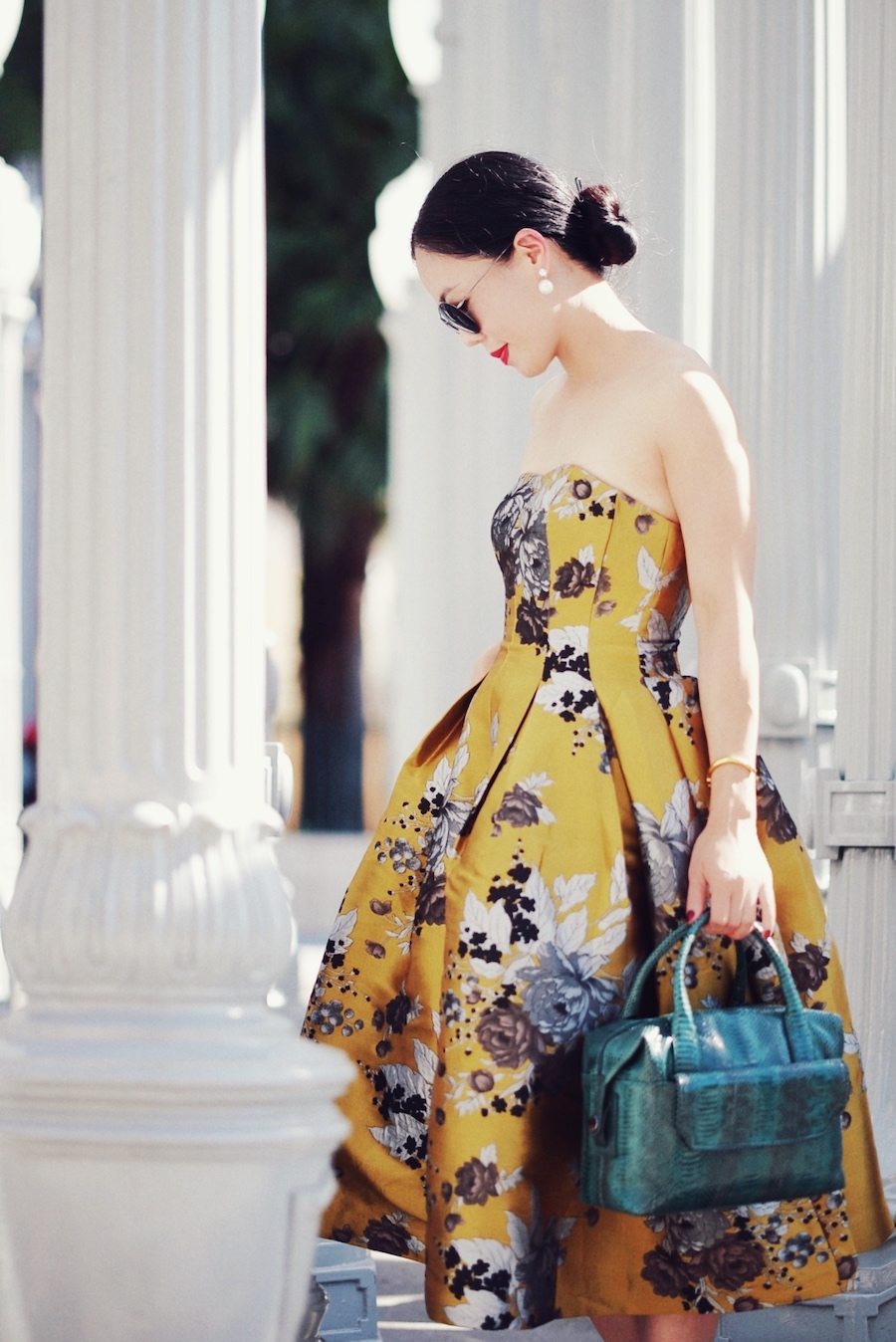 Holiday Dressing, Floral Dress, Maxi Coat, Red Lips, via: HallieDaily