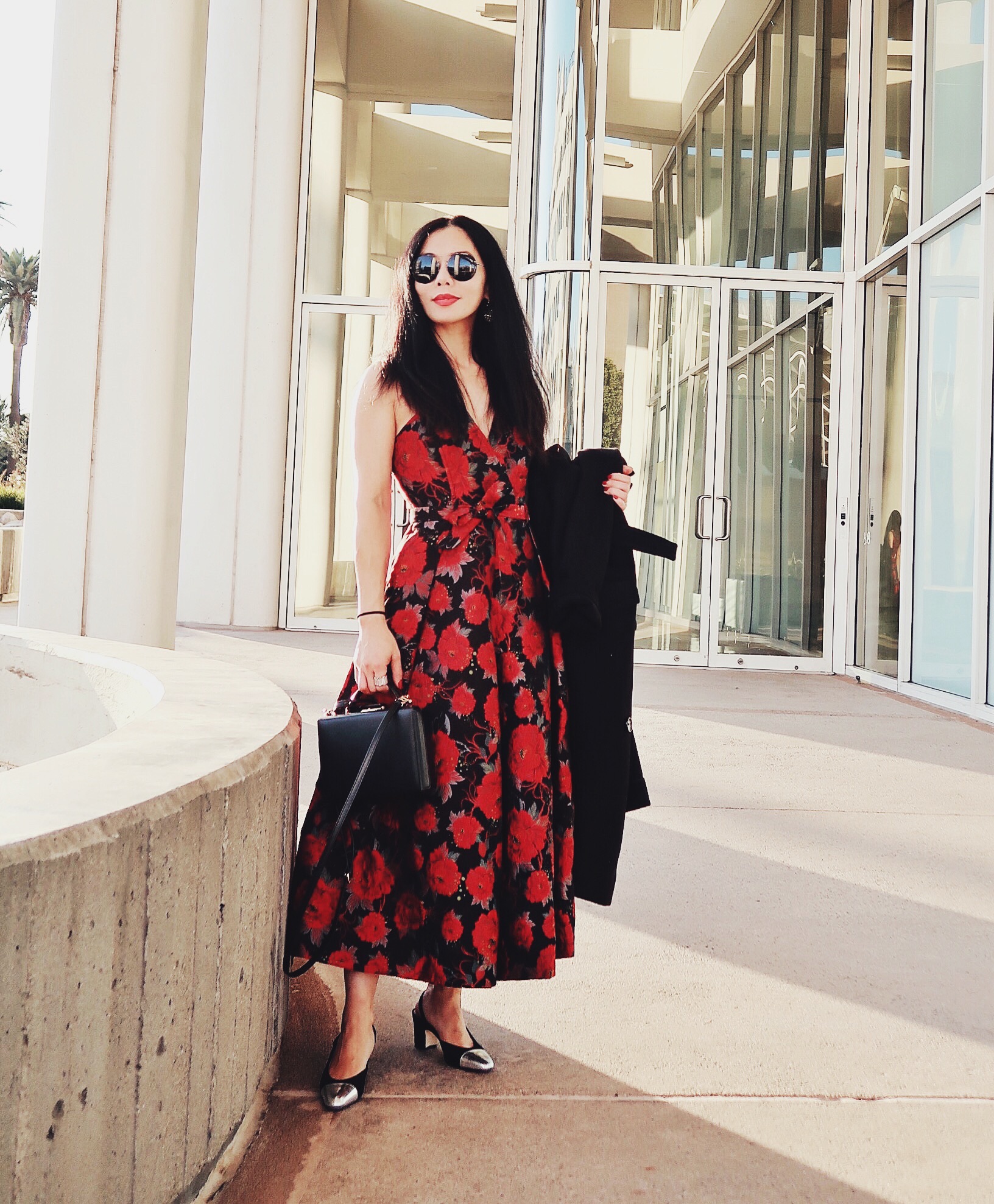 Holiday Dressing: Floral Jumpsuit & Oversized Coat, via: HallieDaily