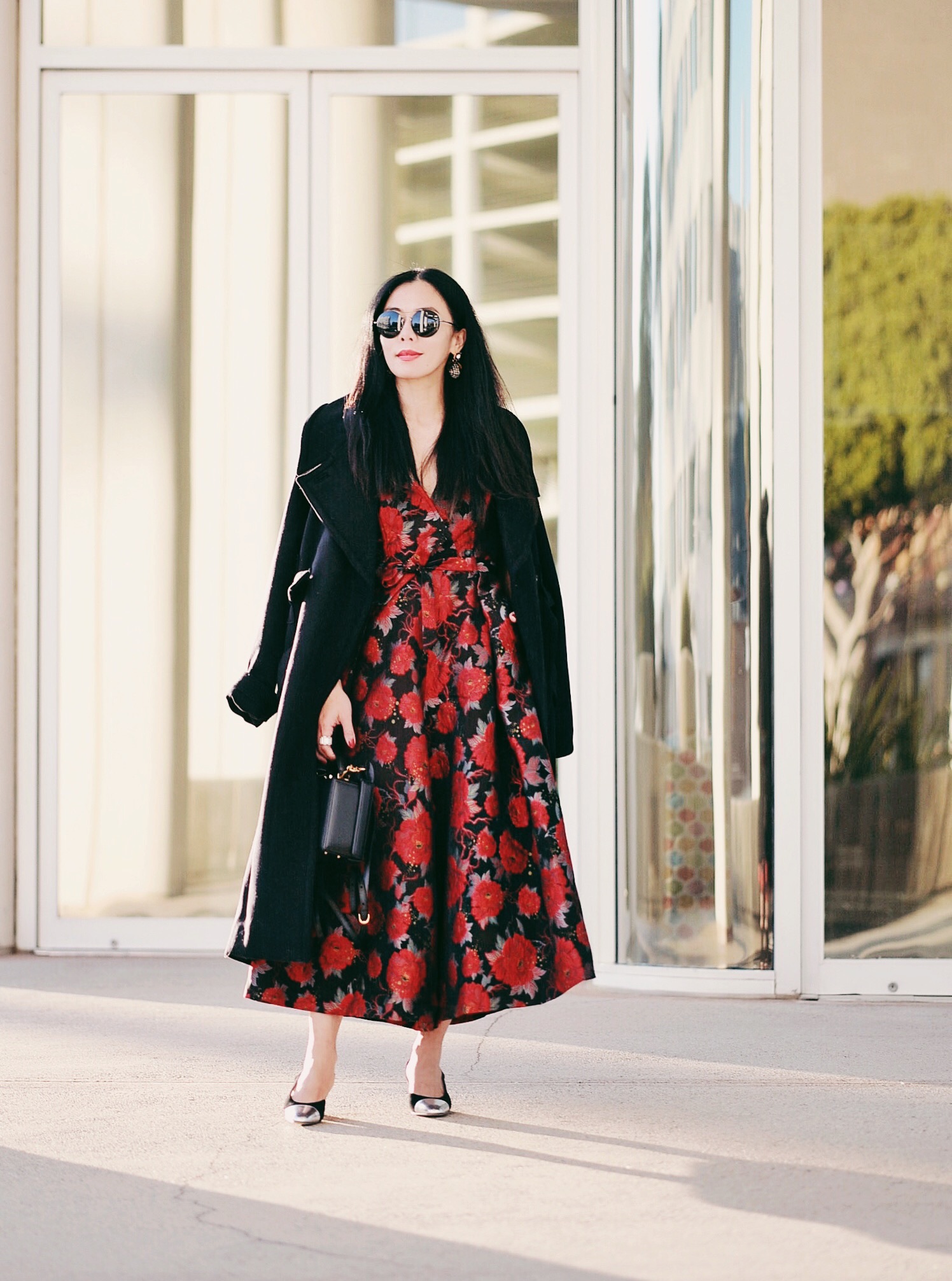 Holiday Dressing: Floral Jumpsuit & Oversized Coat, via: HallieDaily