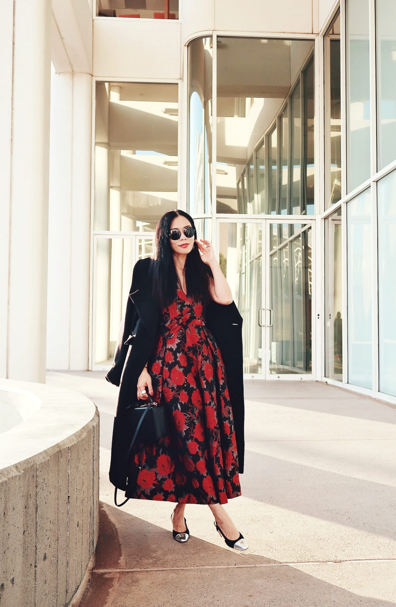 Holiday Dressing: Floral Jumpsuit & Oversized Coat, via: HallieDaily