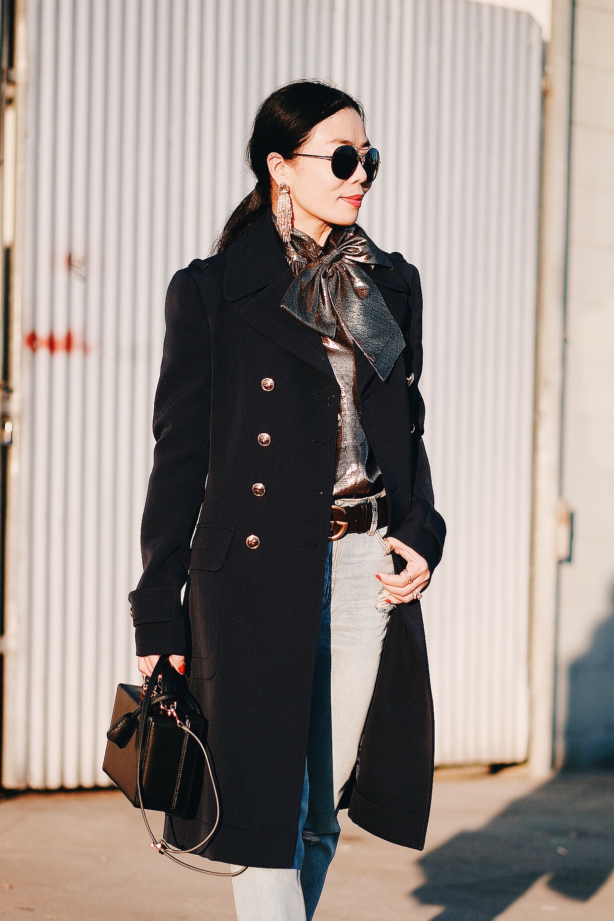 Holiday Dressing, Gold Bow Blouse, Double Breasted Coat, Jeans Style, via: HallieDaily