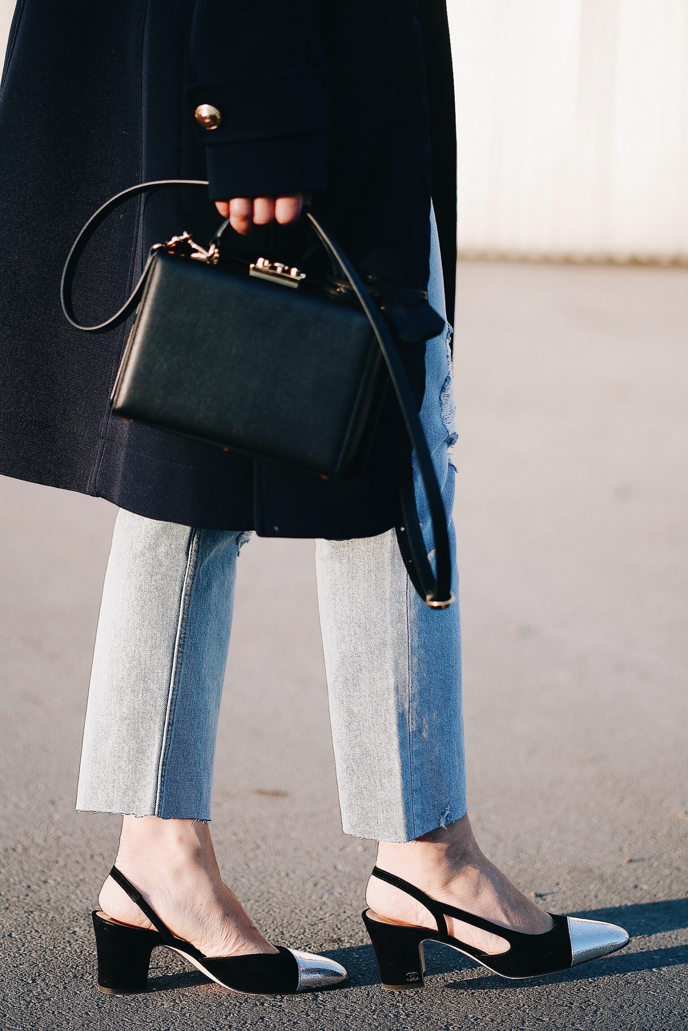 Holiday Dressing, Gold Bow Blouse, Double Breasted Coat, Jeans Style, via: HallieDaily