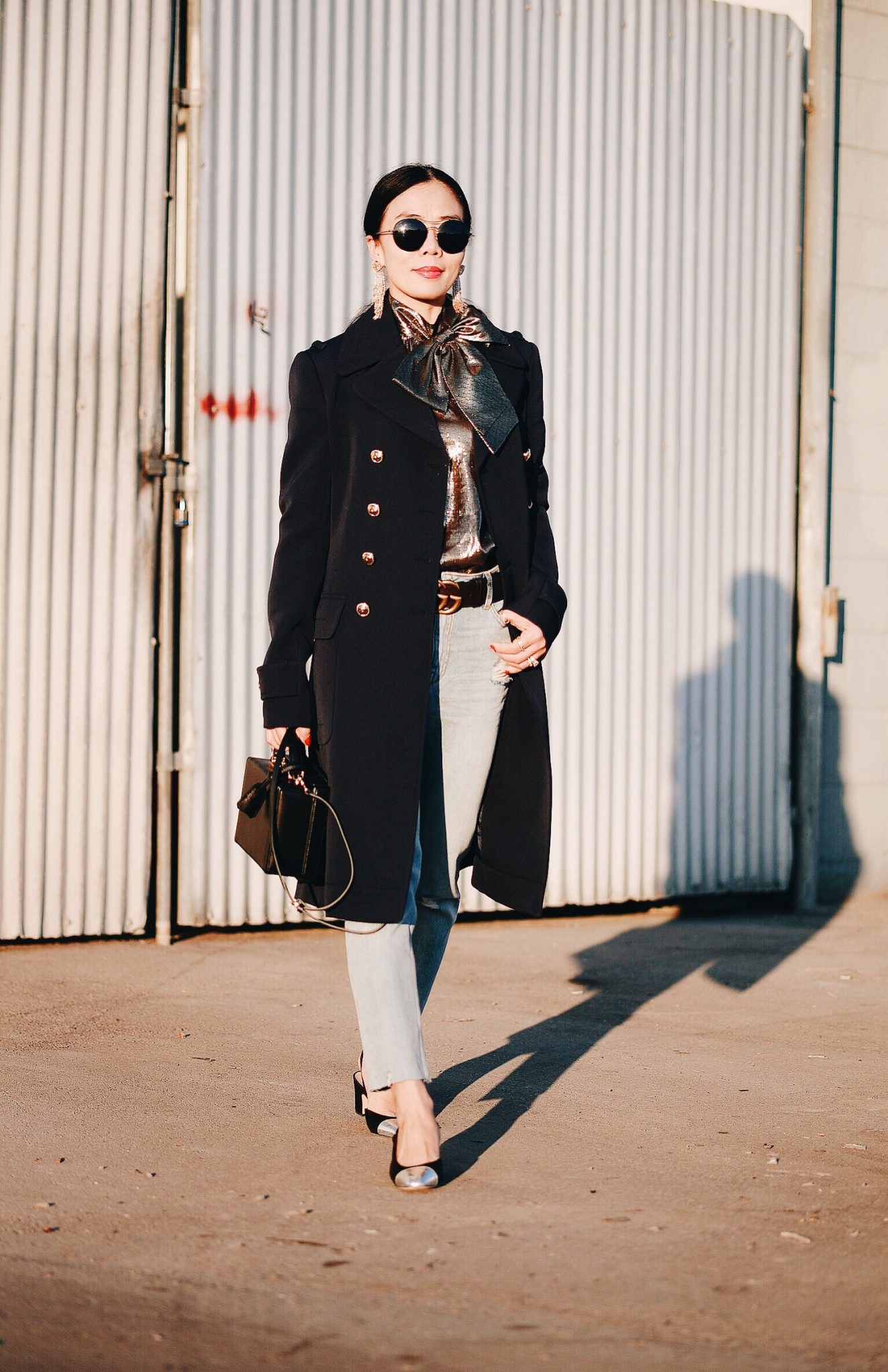 Holiday Dressing, Gold Bow Blouse, Double Breasted Coat, Jeans Style, via: HallieDaily