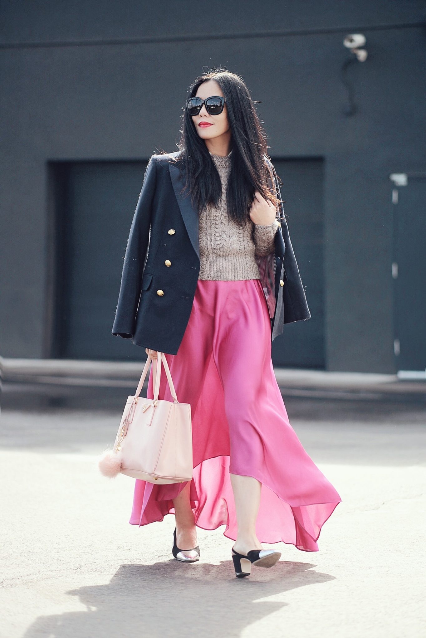 Knit & Pink, Navy Double-breasted Blazer, Cropped Sweater, Pink Skirt, Chanel Shoes, via: HallieDaily