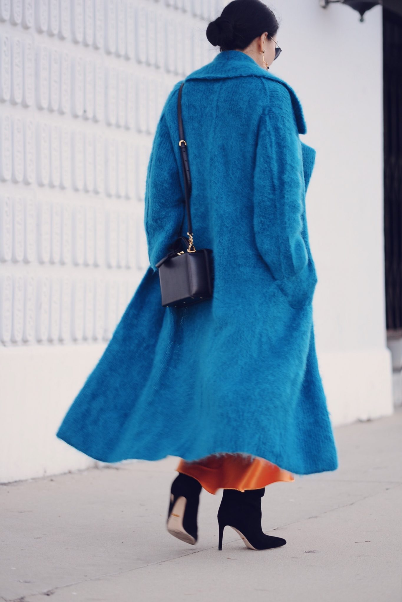 Holiday Jewelry Tone Dressing, Satin Skirt, Knit Coat, Heeled Boots, via: HallieDaily