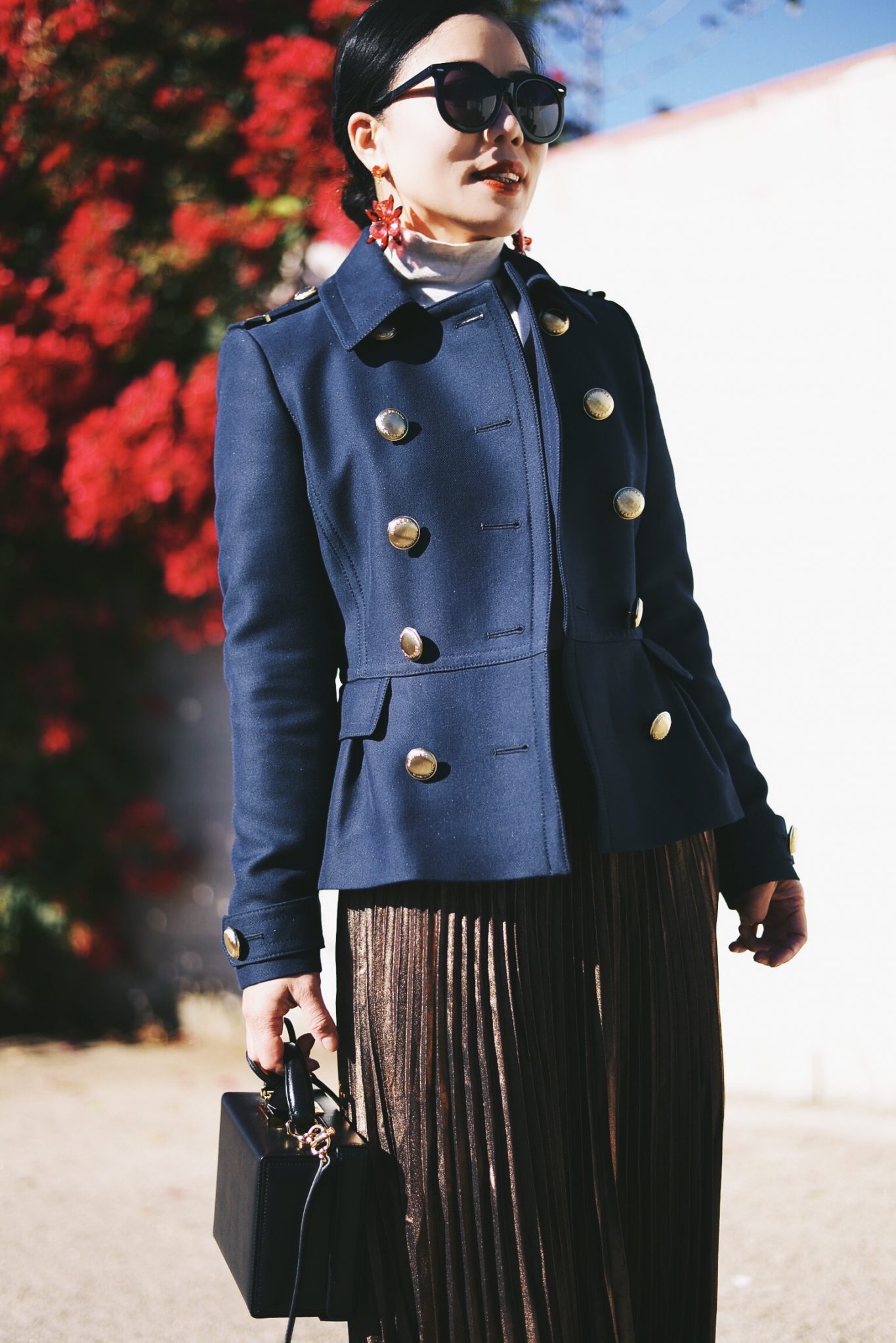 Burberry Twill Coat, Metalic Pleated Skirt, Holiday Dressing, via: HallieDaily