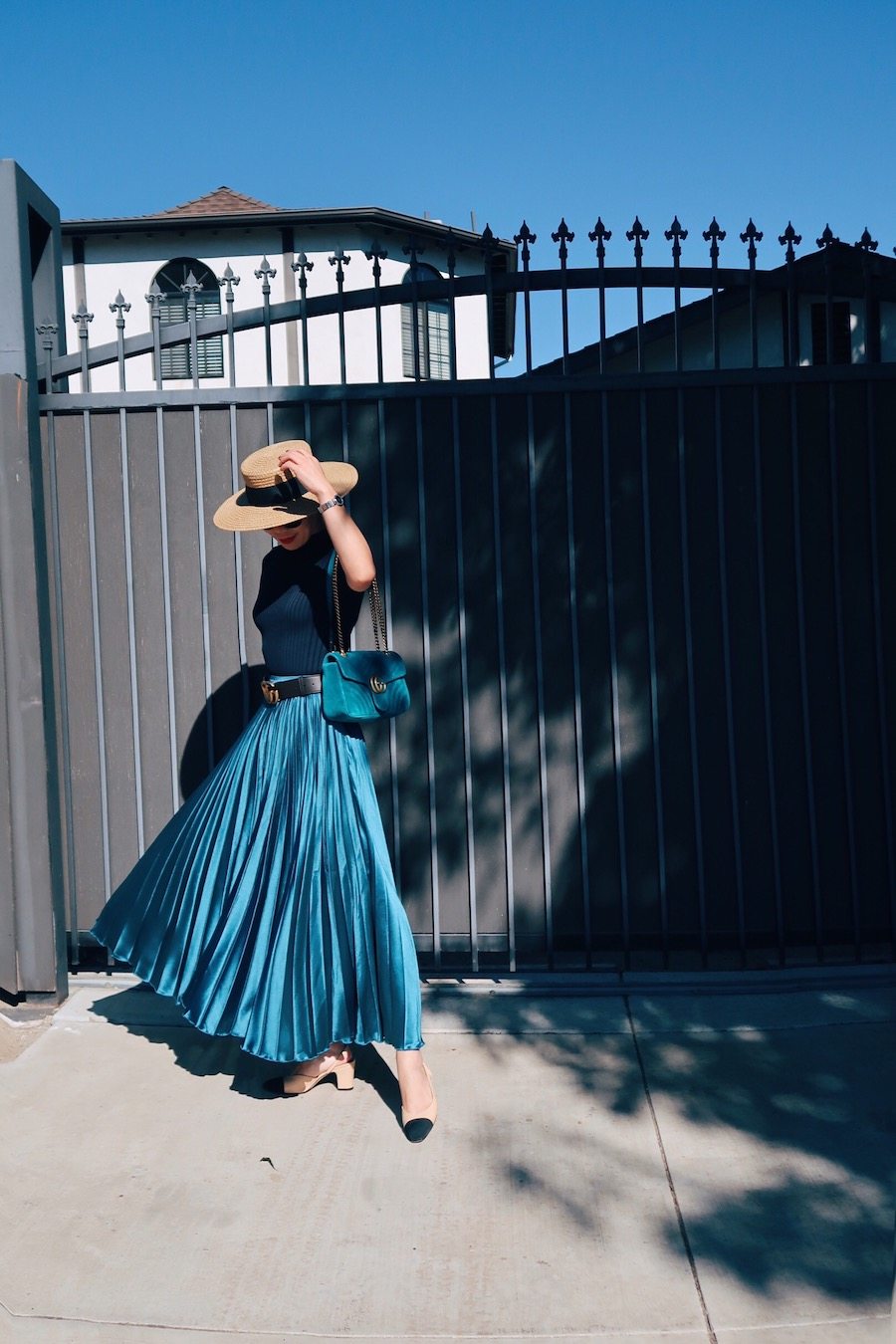 Weekend Style, Blue Pleated Skirt, Parisian Chic, Via: HallieDaily