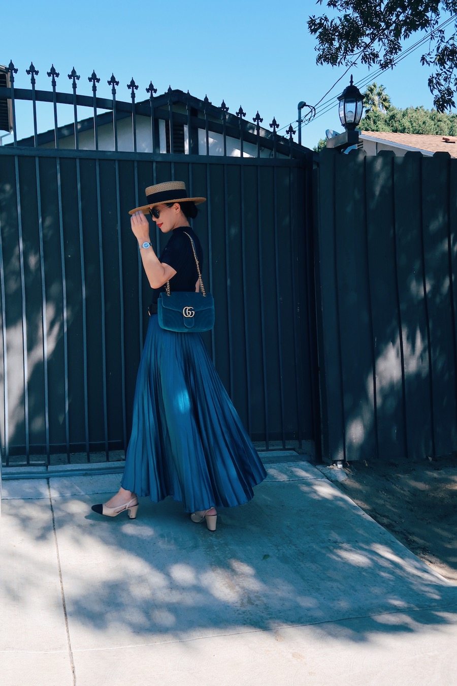 Weekend Style, Blue Pleated Skirt, Parisian Chic, Via: HallieDaily