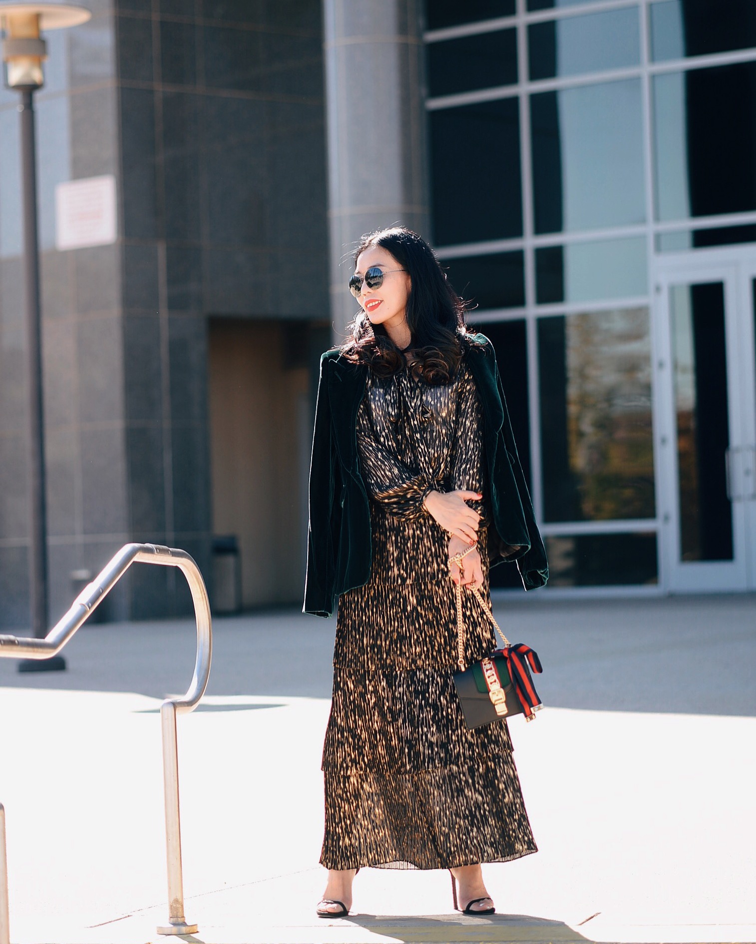 Holiday Dressing, Golden Dress, Velvet Blazer, Gucci Bag, via: HallieDaily