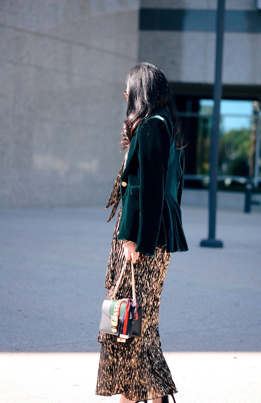 Holiday Dressing, Golden Dress, Velvet Blazer, Gucci Bag, via: HallieDaily