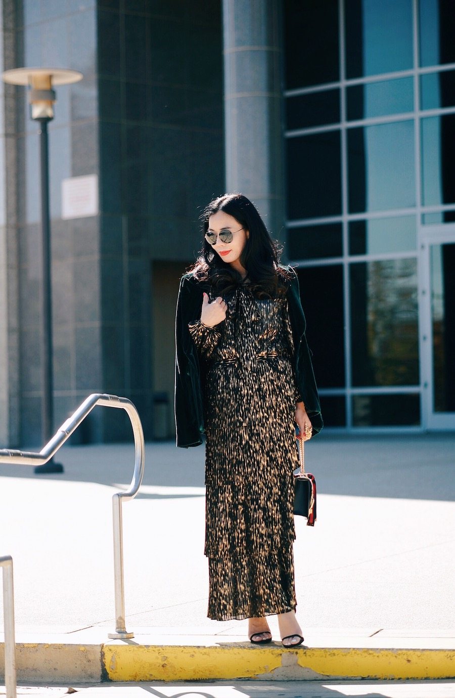 Holiday Dressing, Golden Dress, Velvet Blazer, Gucci Bag, via: HallieDaily