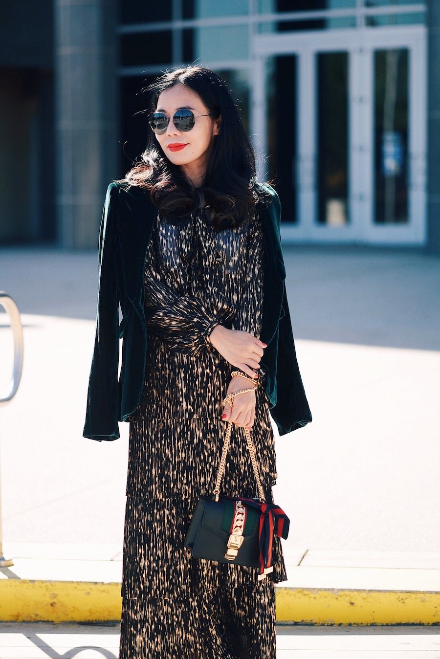 Holiday Dressing, Golden Dress, Velvet Blazer, Gucci Bag, via: HallieDaily