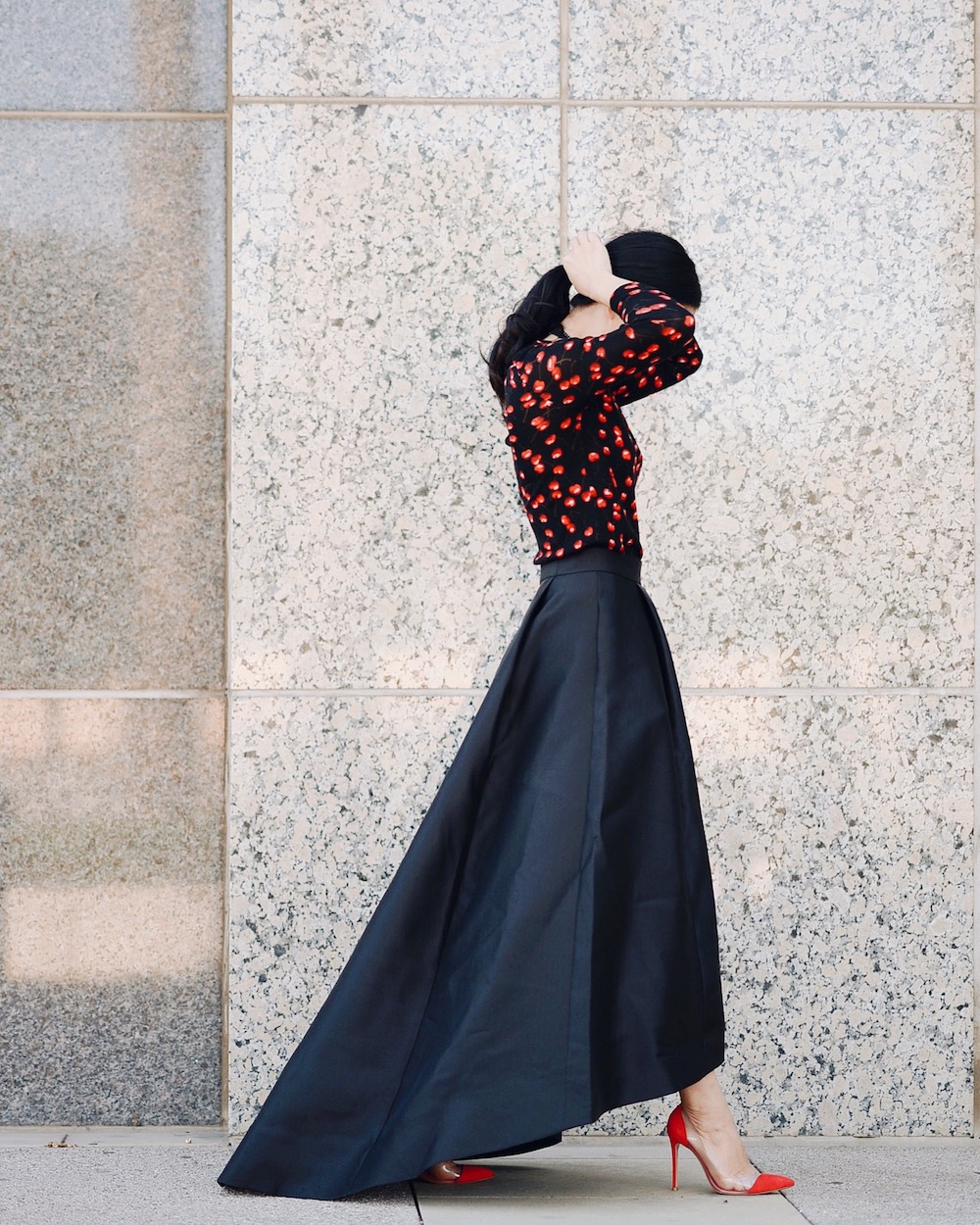 Holiday Dressing, Ball Skirt, Knit Top, Red Pumps, via: HallieDaily