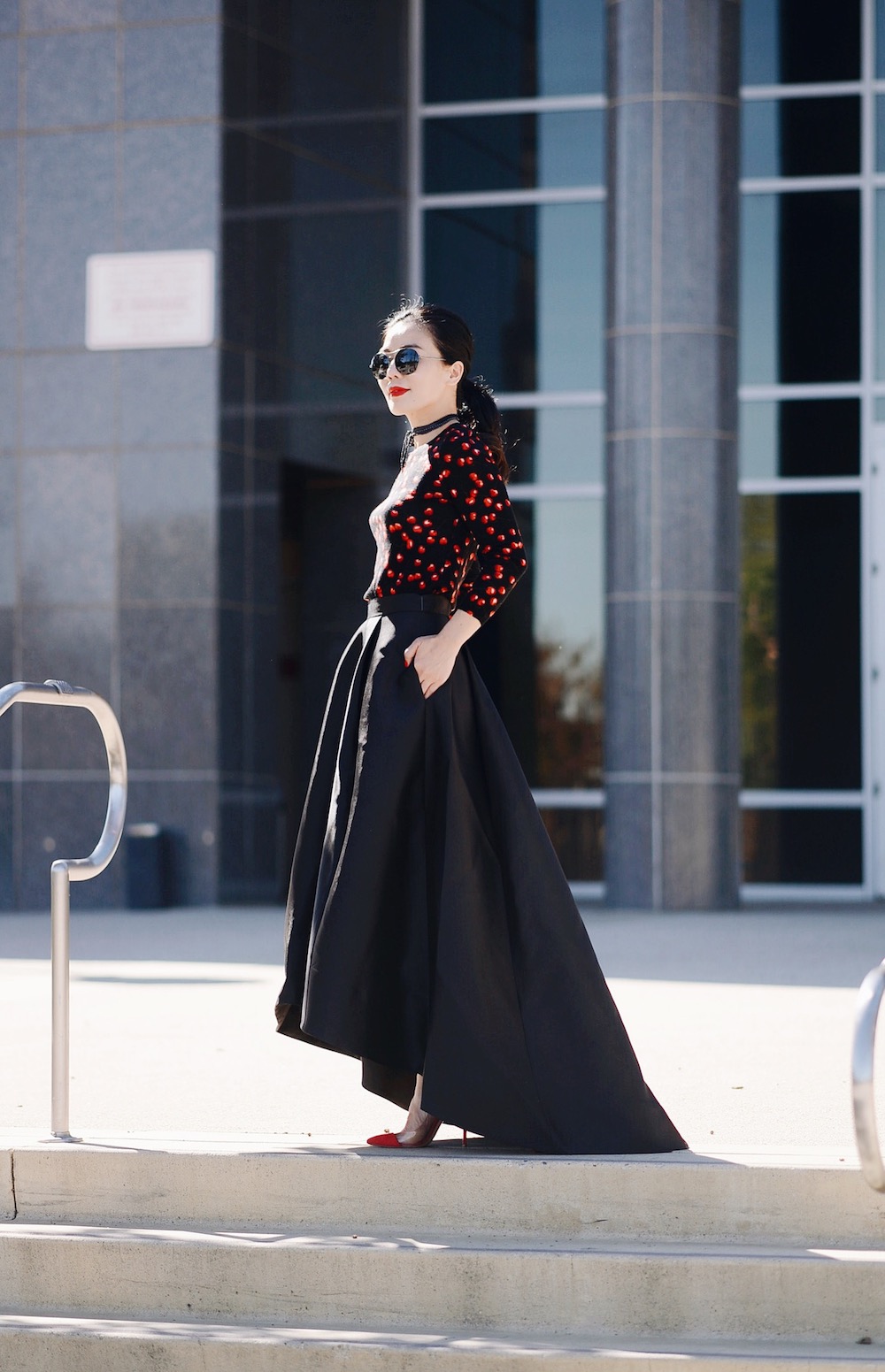 Holiday Dressing, Ball Skirt, Knit Top, Red Pumps, via: HallieDaily