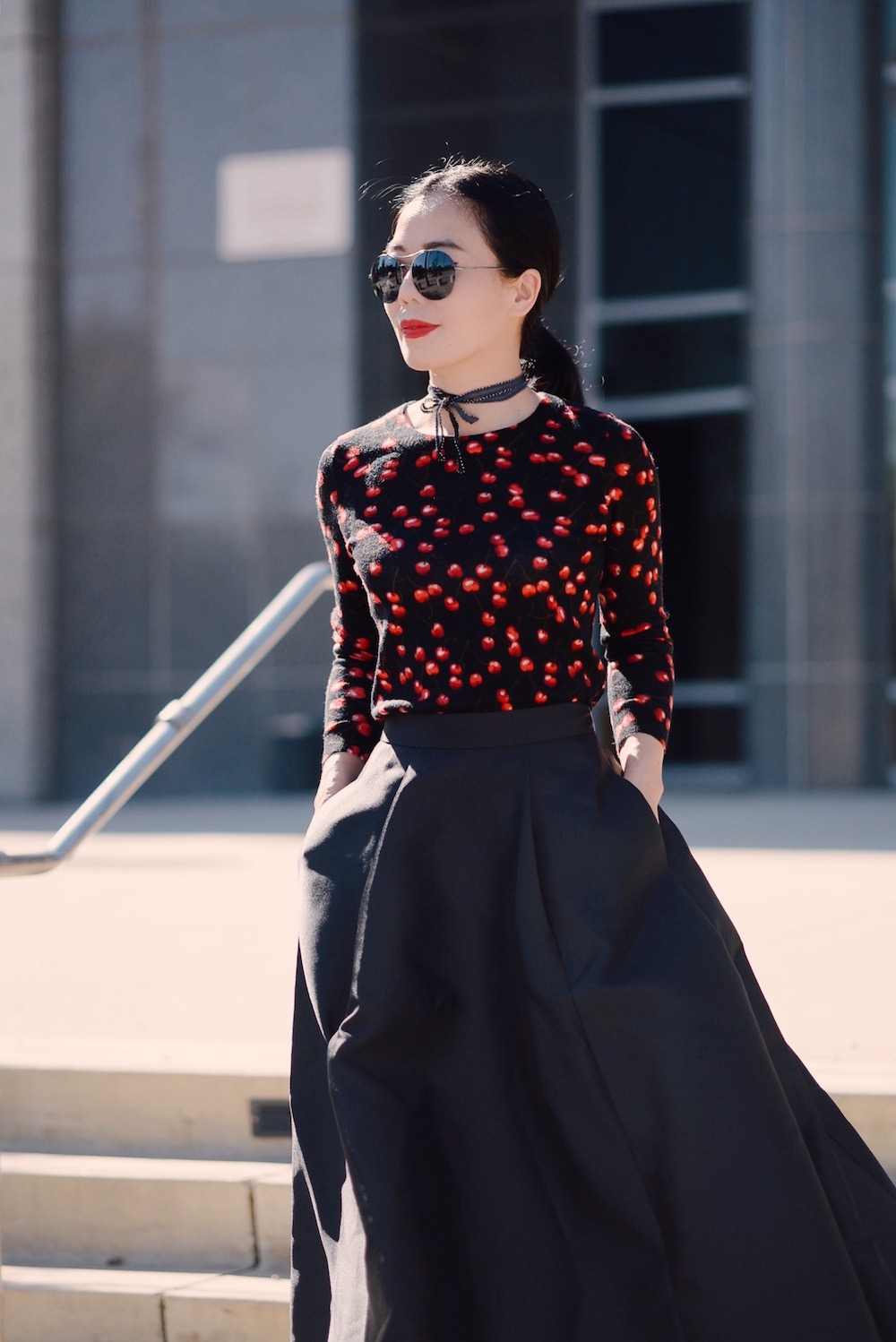 Holiday Dressing, Ball Skirt, Knit Top, Red Pumps, via: HallieDaily