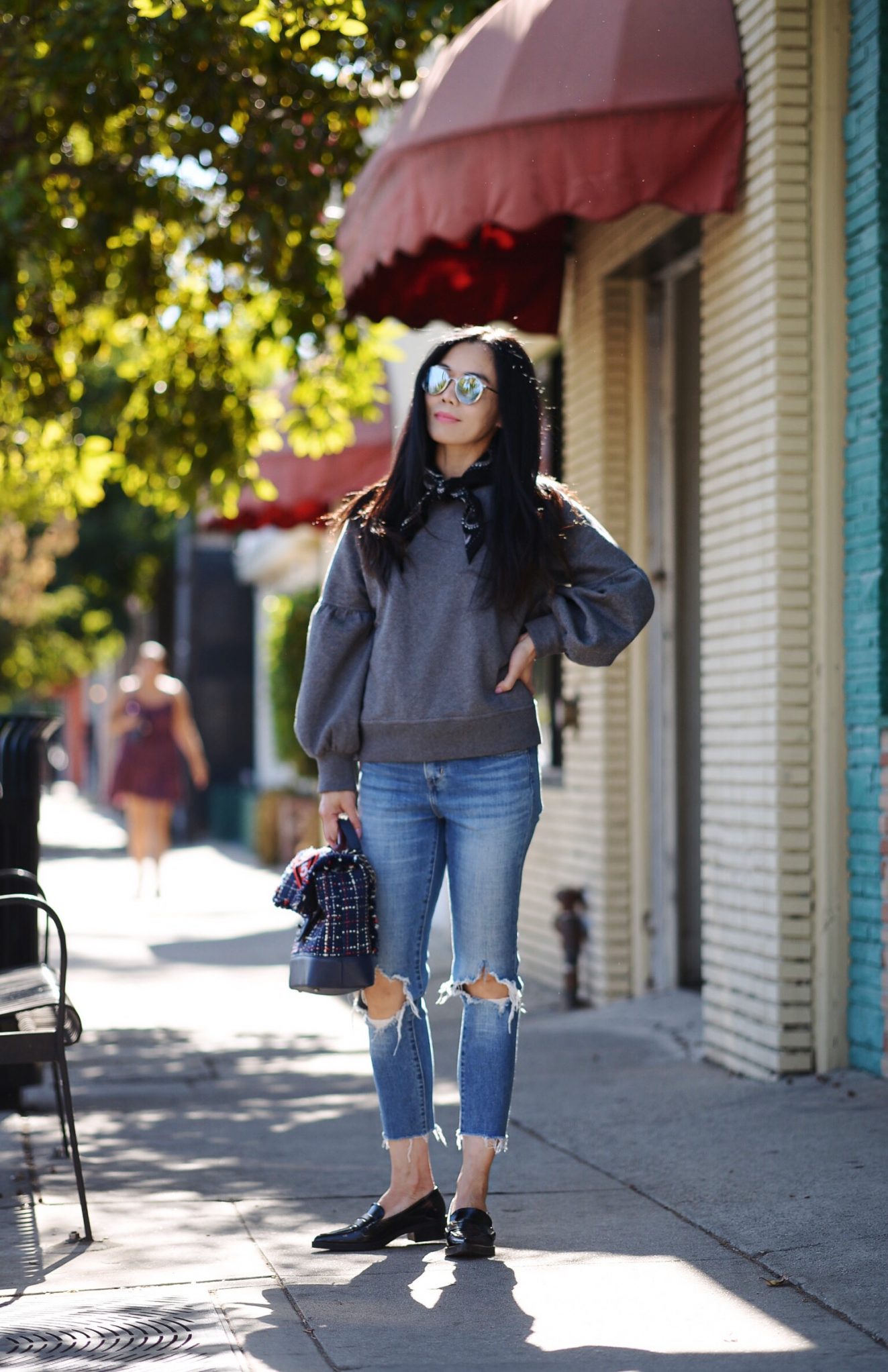 Casual Style, Levi'a Ripped Jeans, Burberry Sweatshirt, Bell Sleeve Top, Pointed Toe Loafers, Chanel Tweed Bag, Via: HallieDaily