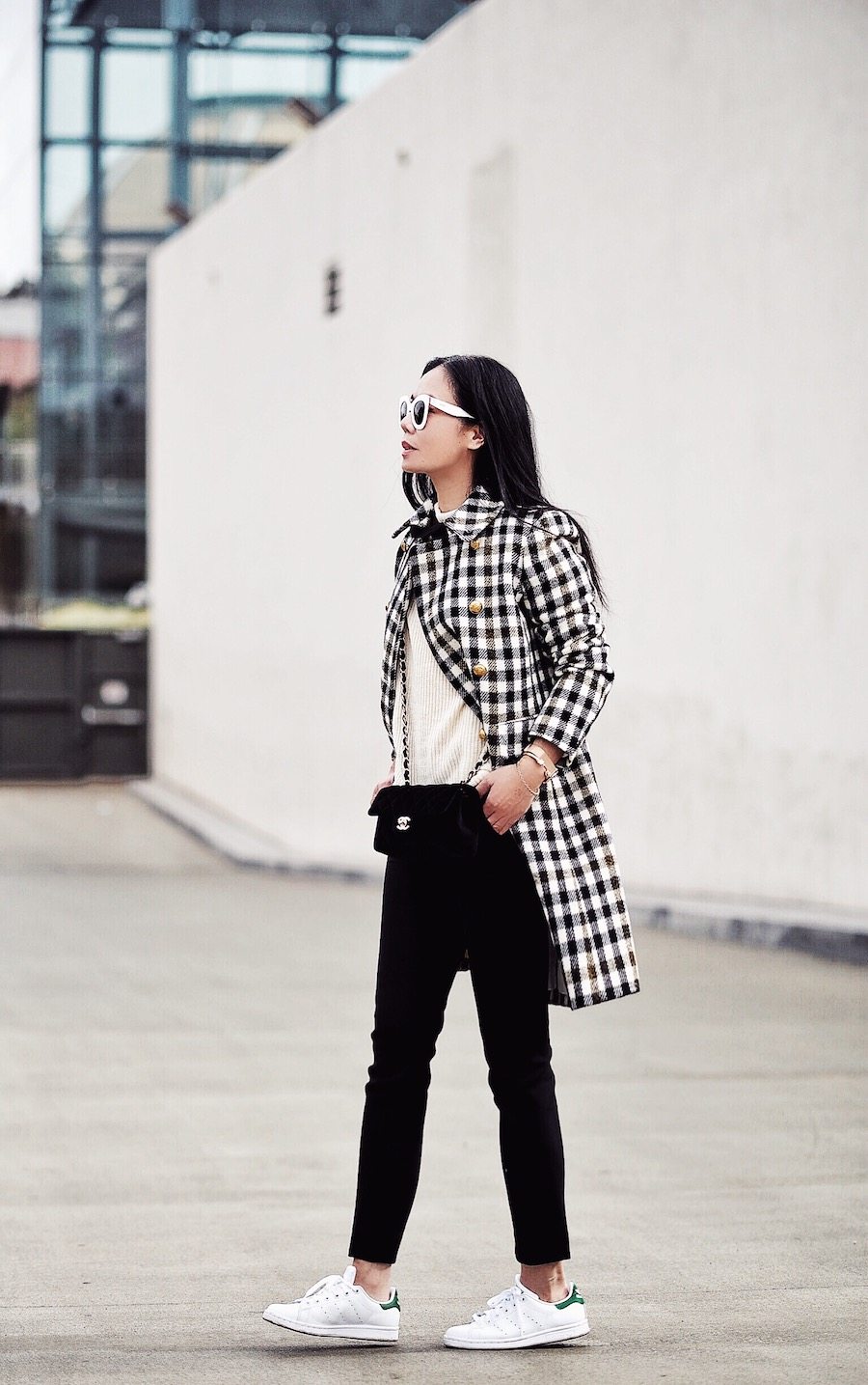 Fall Style: Check Coat, Bow Sweater, Straight Leg Pants, Sneakers, Chanel Bag, via: HallieDaily