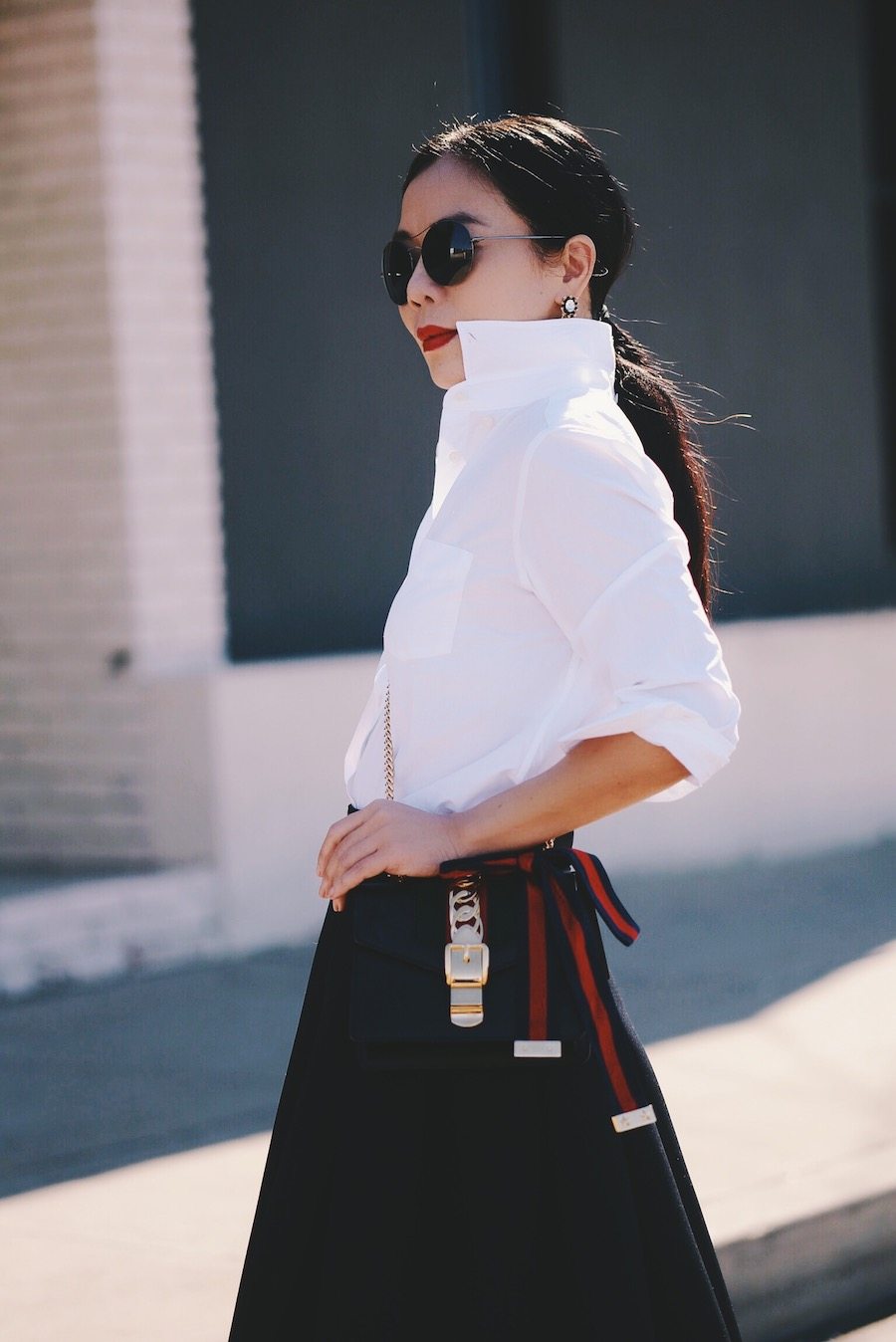 Black & White Style, Black Full Skirt, White Button Down, Gucci Bag, Chanel Two Tone Slingback, via: HallieDaily