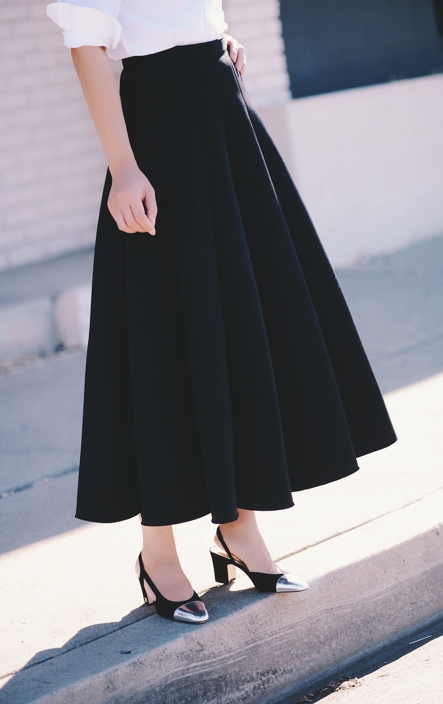 Black & White Style, Black Full Skirt, White Button Down, Gucci Bag, Chanel Two Tone Slingback, via: HallieDaily