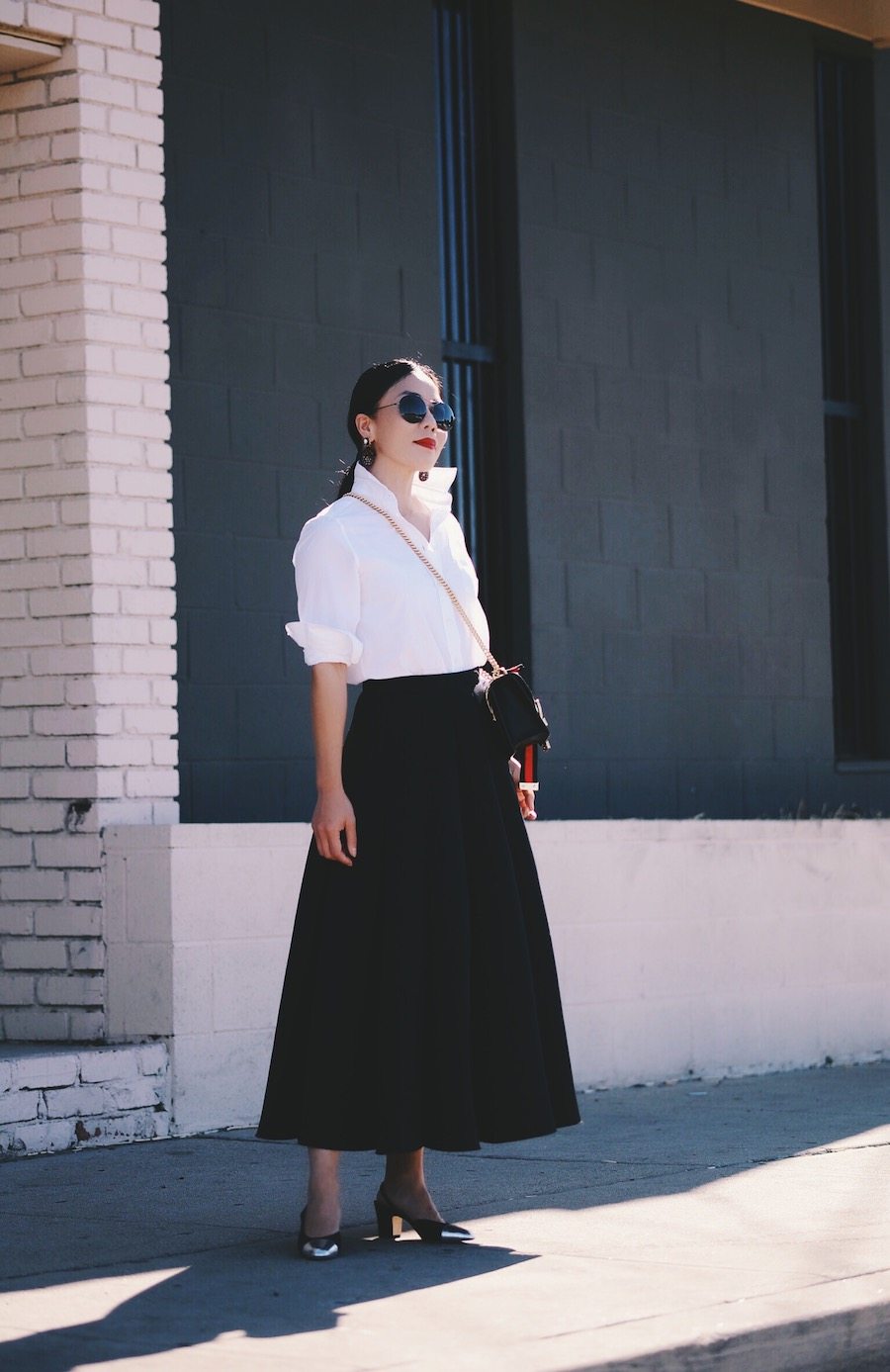 Black & White Style, Black Full Skirt, White Button Down, Gucci Bag, Chanel Two Tone Slingback, via: HallieDaily