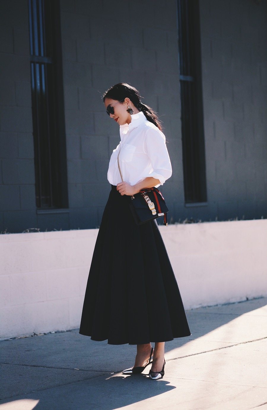 Black & White Style, Black Full Skirt, White Button Down, Gucci Bag, Chanel Two Tone Slingback, via: HallieDaily