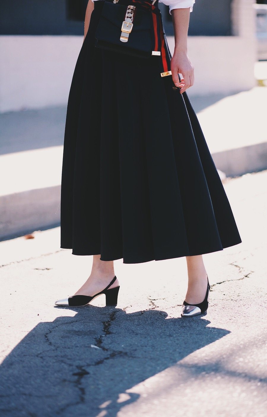 Black & White Style, Black Full Skirt, White Button Down, Gucci Bag, Chanel Two Tone Slingback, via: HallieDaily