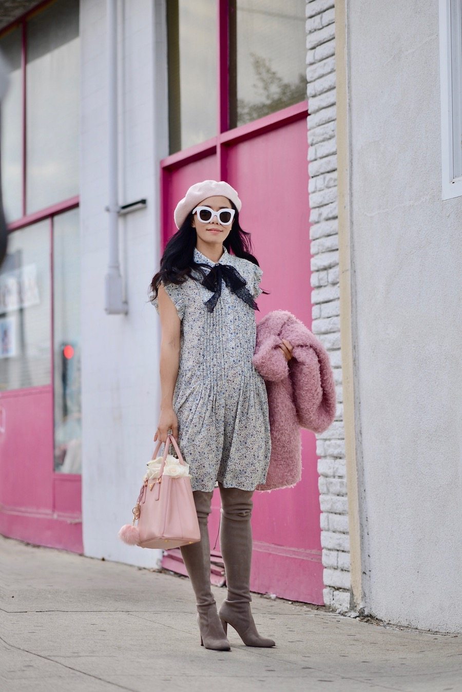 Pink Faux Fur Coat, Tie Neck Dress, OTK Boots, Prada Bag, via: HallieDaily