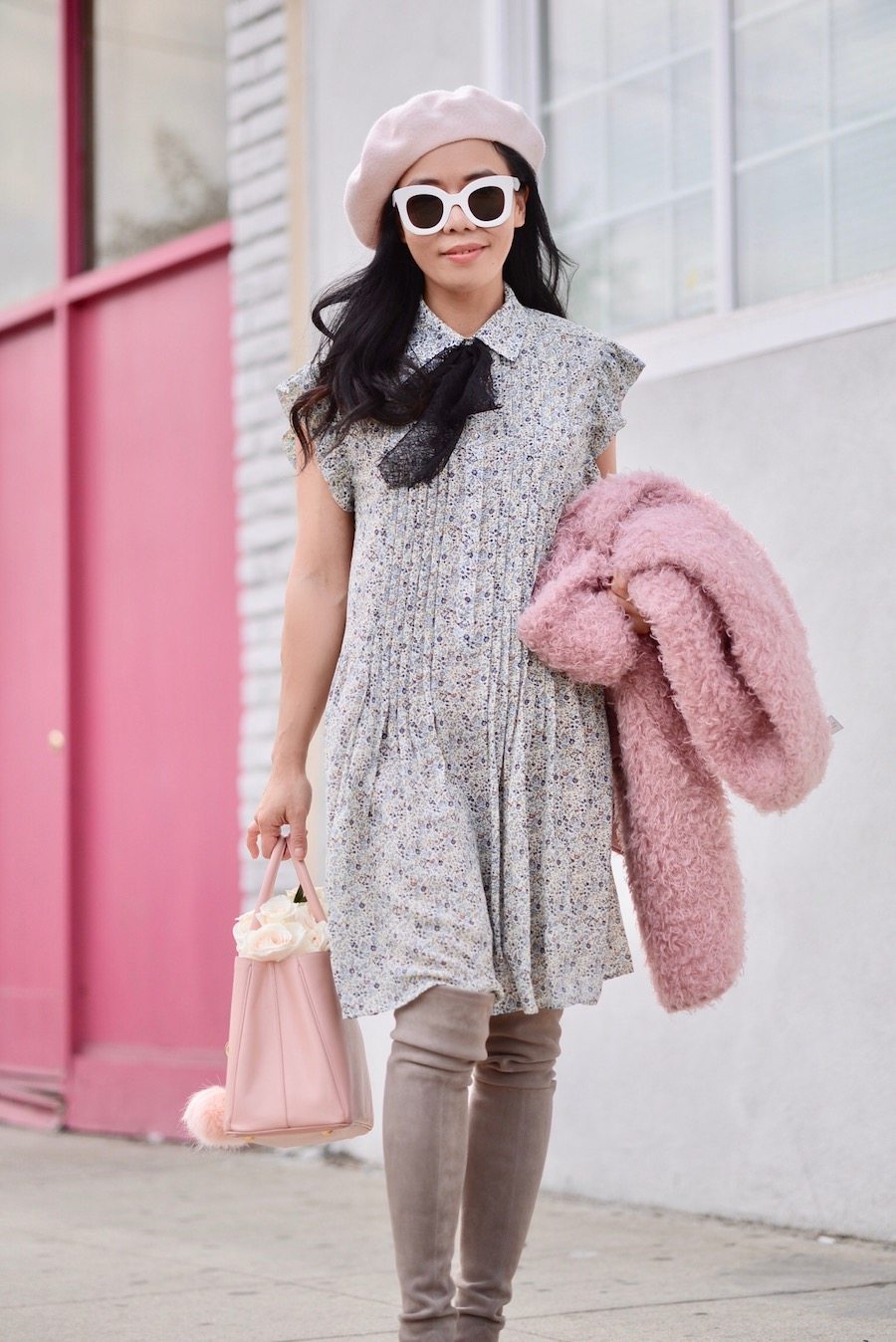 Pink Faux Fur Coat, Tie Neck Dress, OTK Boots, Prada Bag, via: HallieDaily