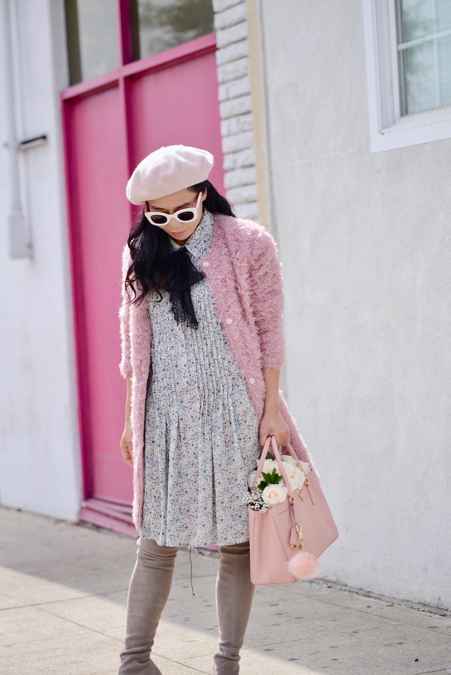 Pink Faux Fur Coat, Tie Neck Dress, OTK Boots, Prada Bag, via: HallieDaily