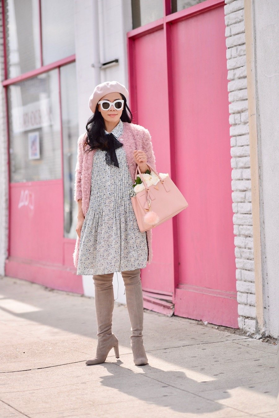 Pink Faux Fur Coat, Tie Neck Dress, OTK Boots, Prada Bag, via: HallieDaily