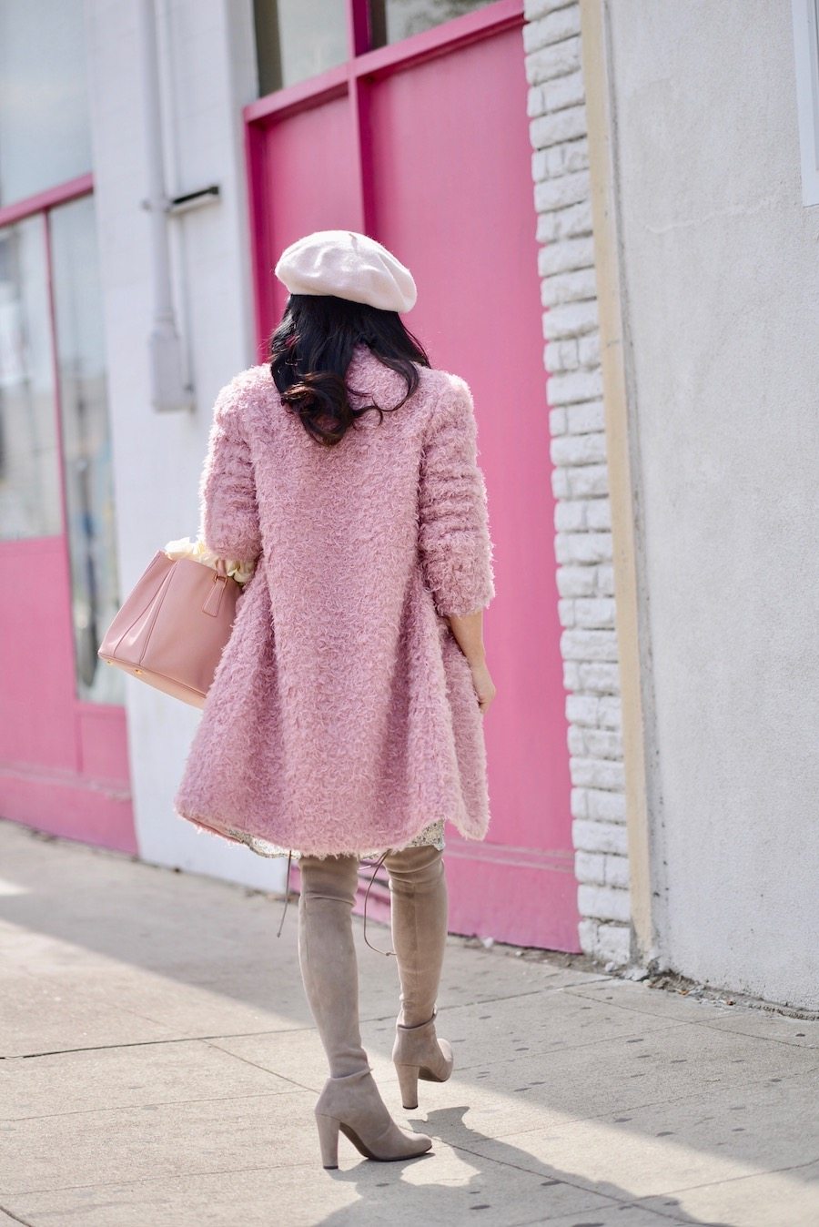 Pink Faux Fur Coat, Tie Neck Dress, OTK Boots, Prada Bag, via: HallieDaily