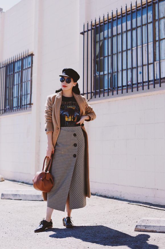 Camel Coat & Checked Skirt