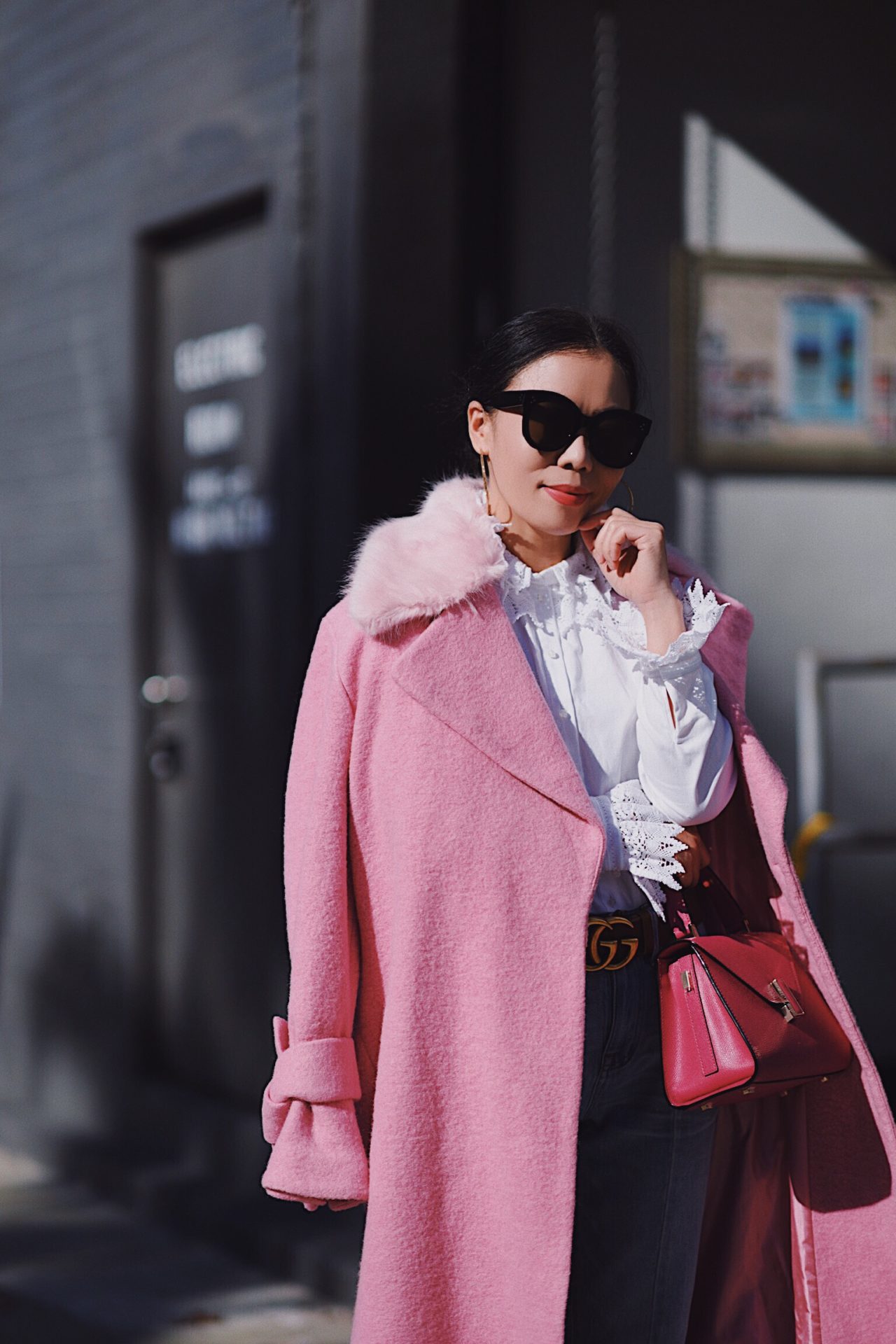 Outfit, Style, Street Style, Topshp, Pink Coat, Long Pink Coat, Faux ...