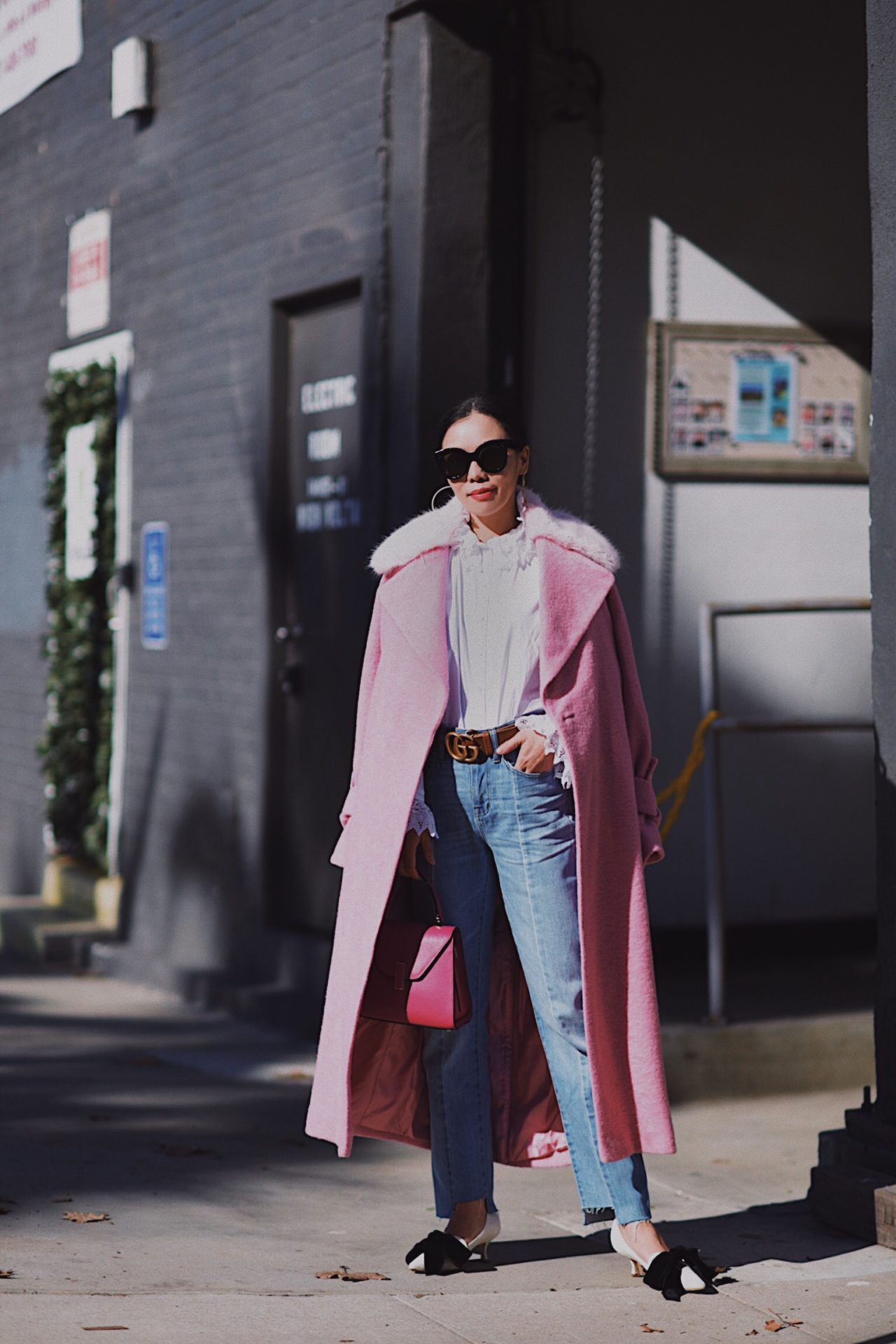 Outfit, Style, Street Style, Topshp, Pink Coat, Long Pink Coat, Faux ...