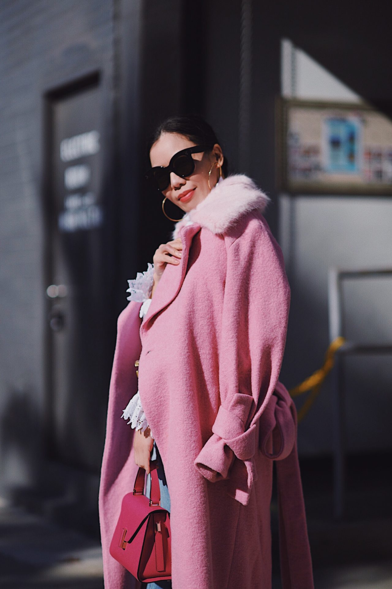 Outfit, Style, Street Style, Topshp, Pink Coat, Long Pink Coat, Faux ...