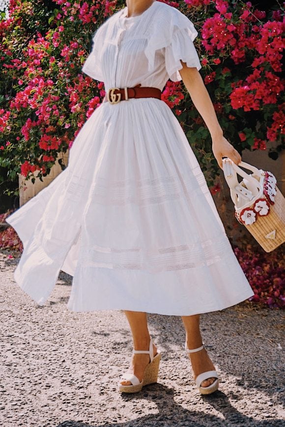 white dress with gucci belt