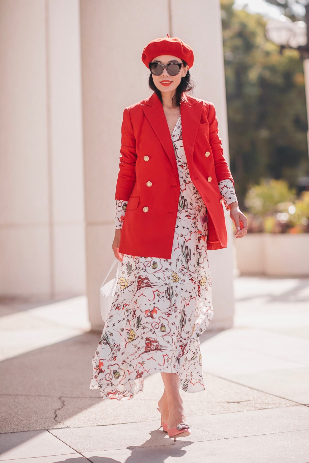 Fall Style, Fall Fashion, Double Breasted Blazer, Red Beret, Long Dress
