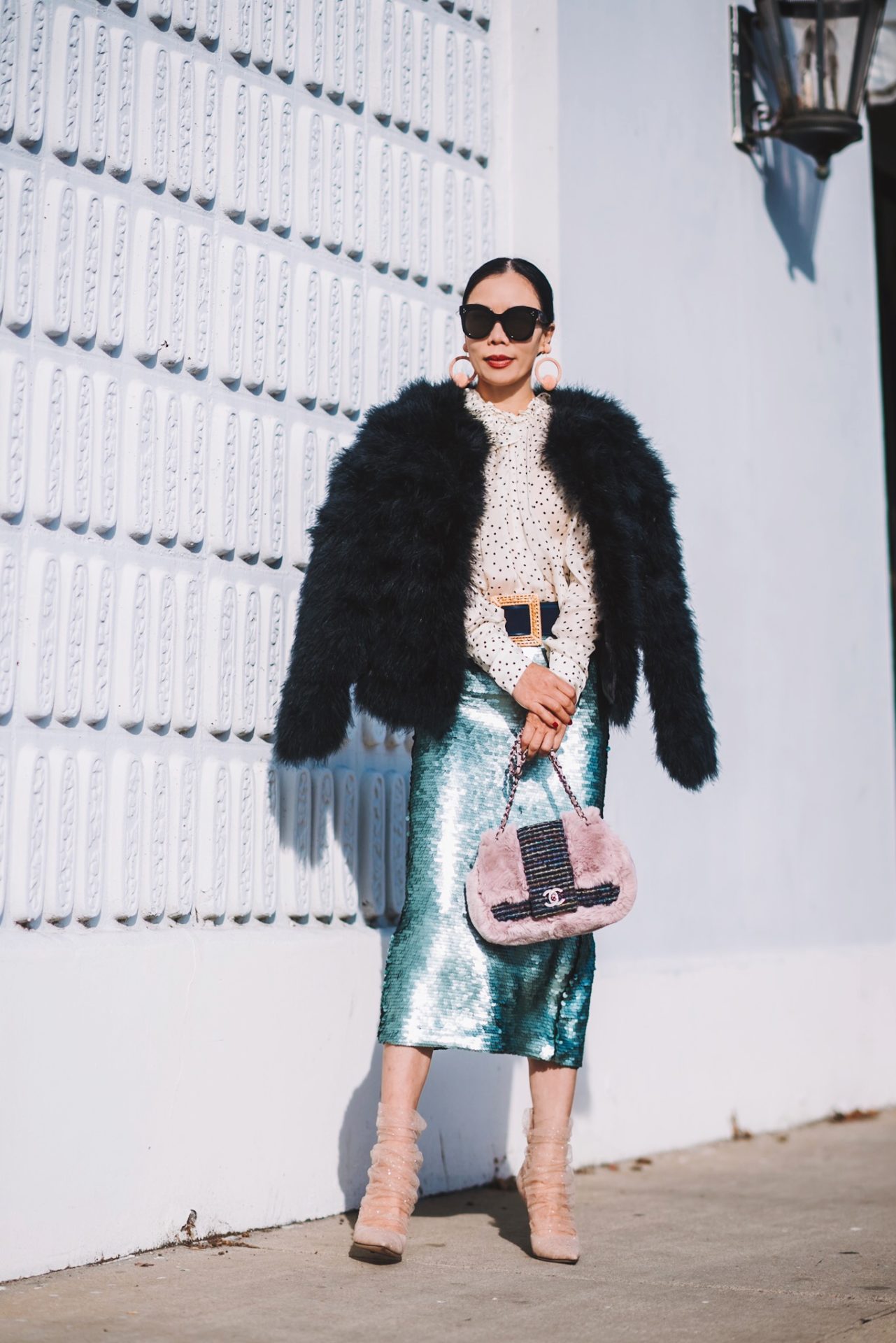 Holiday Style, Feather Jacket Sequined Skirt